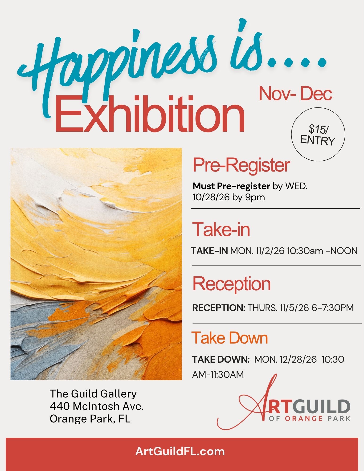 Happiness Is..... Exhibition flyer, Nov-Dec 2026, $15 entry