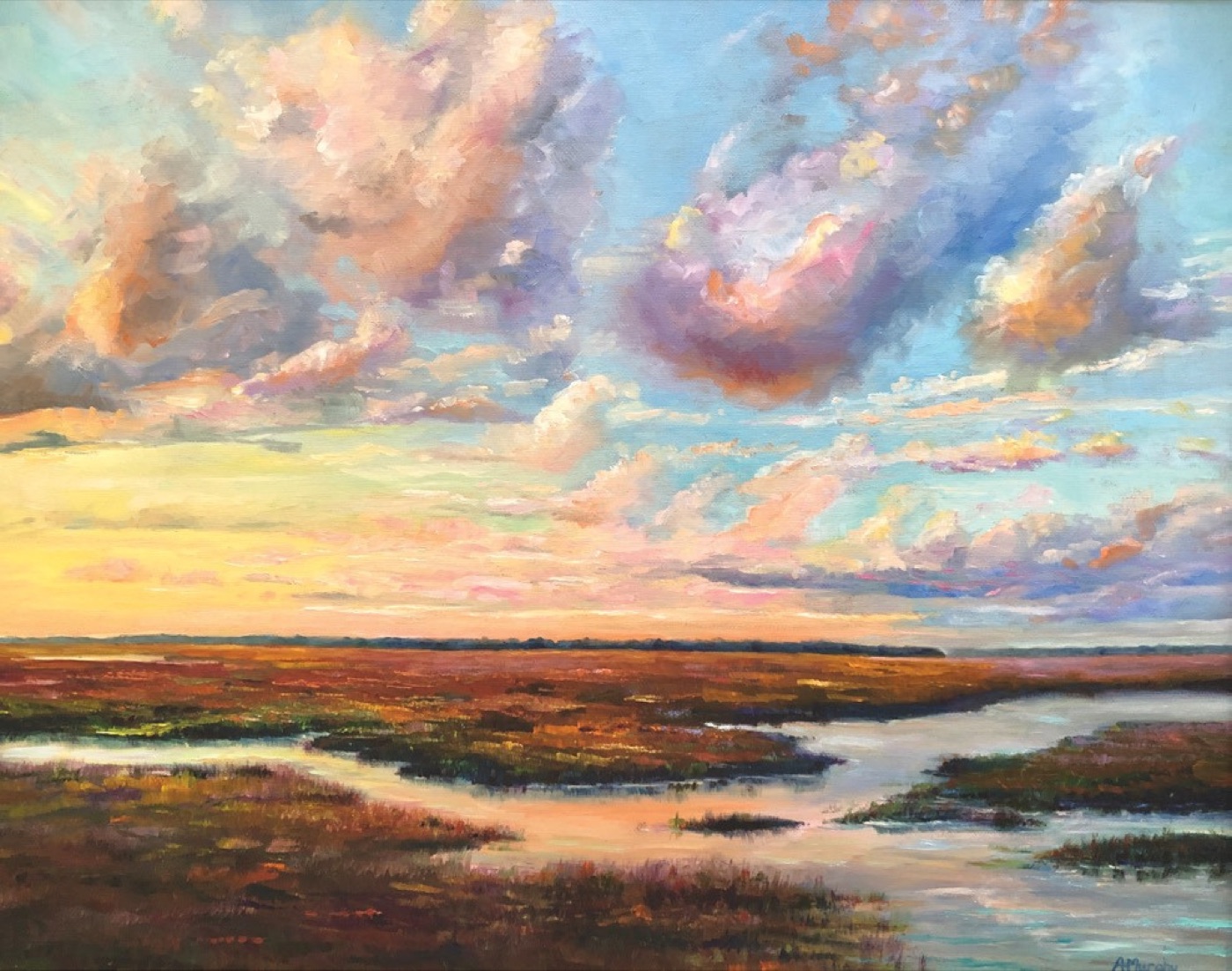 Oil painting of marsh clouds at sunset