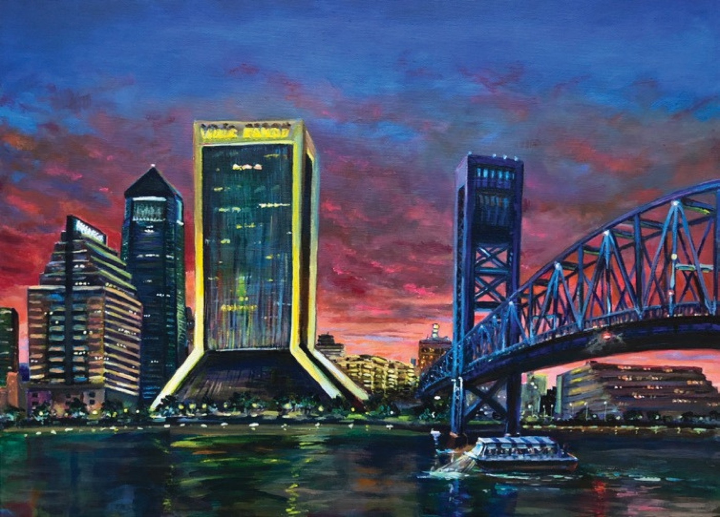 Oil painting of the Jacksonville skyline and bridge at night