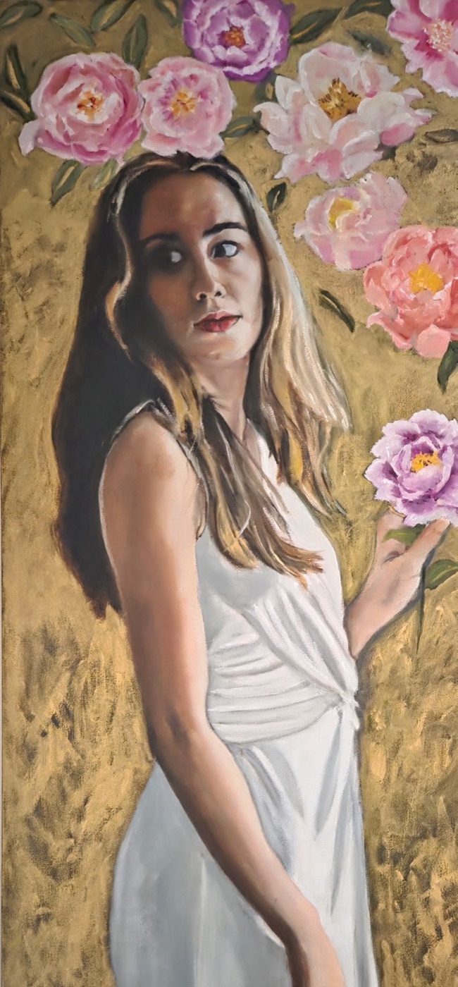 Oil portrait of a woman surrounded by peonies