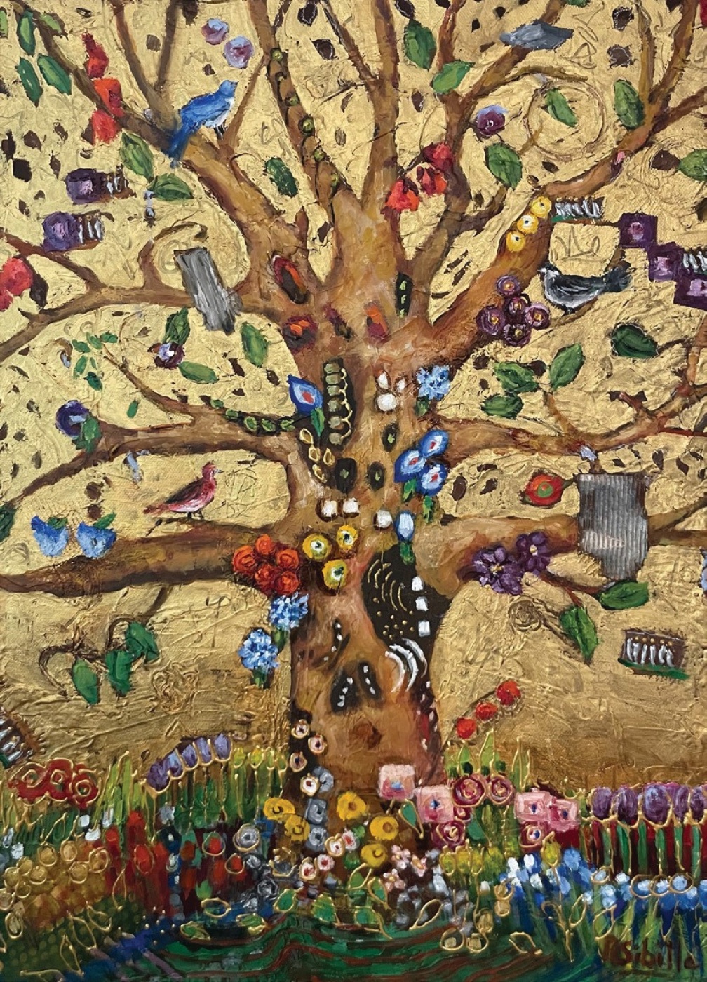 Gold-leaf tree of life painting with birds and flowers