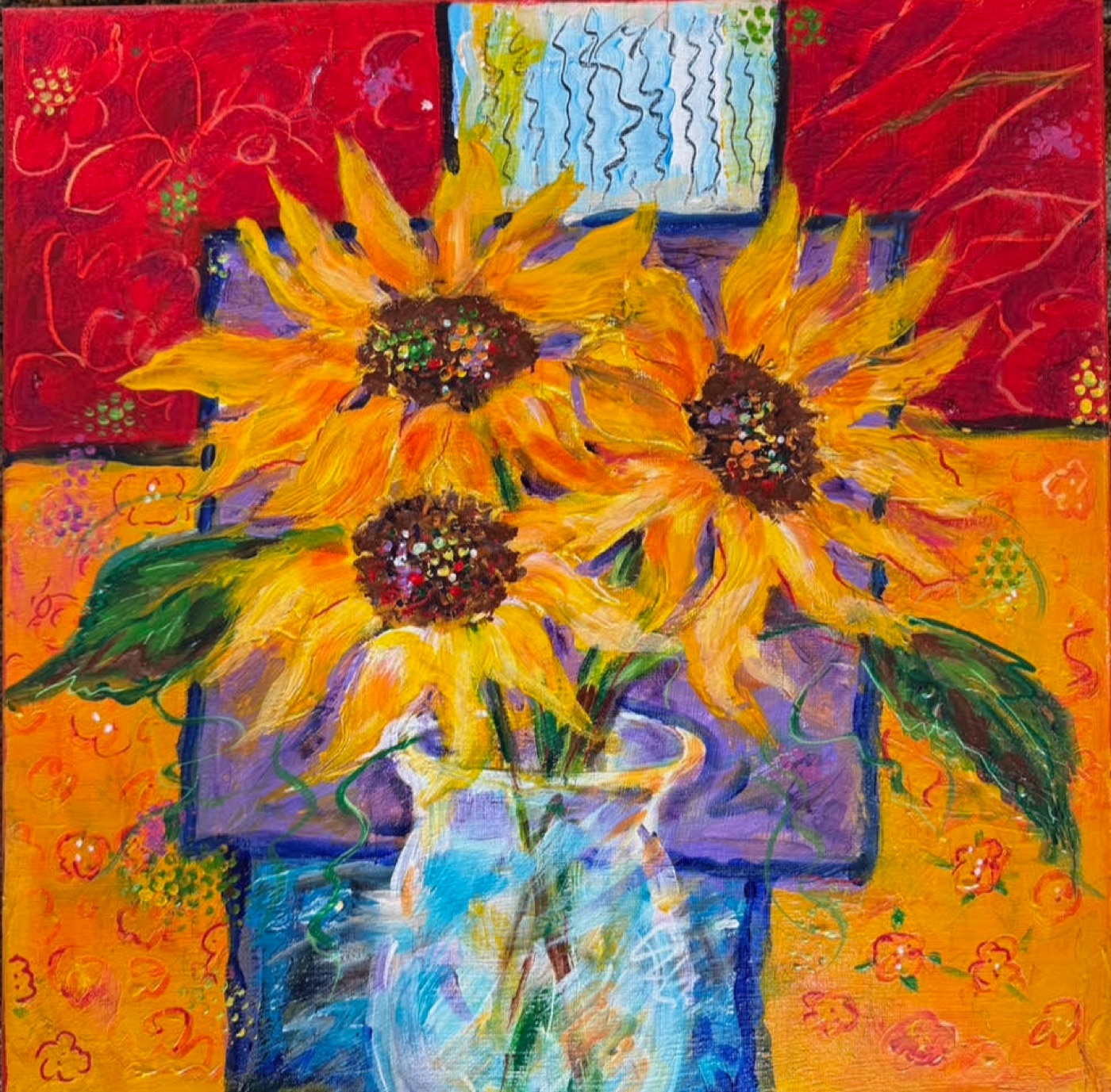 Impressionist painting of sunflowers in a vase