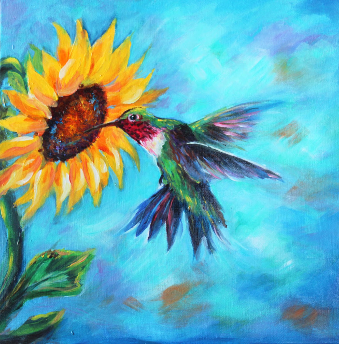 Painting of a hummingbird feeding on a sunflower