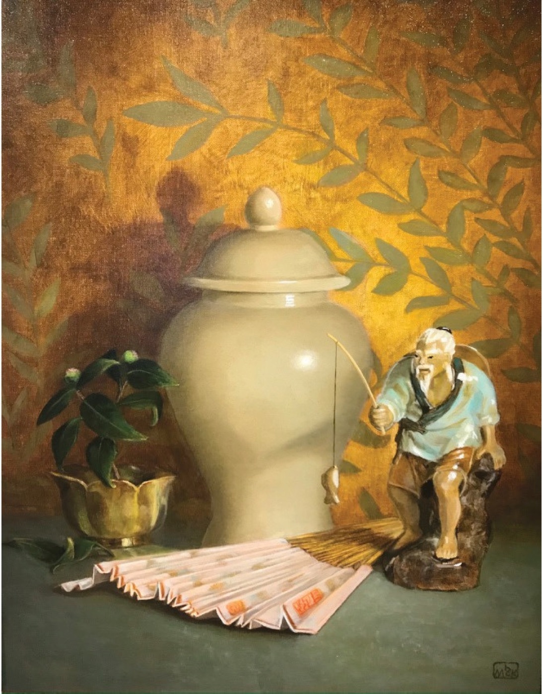Oil still life painting of a ginger jar and fisherman figurine