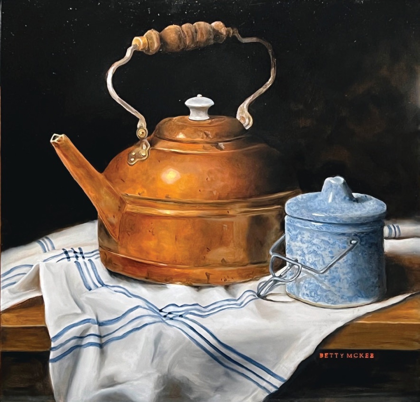 Oil still life painting of a copper kettle, signed Betty McKee
