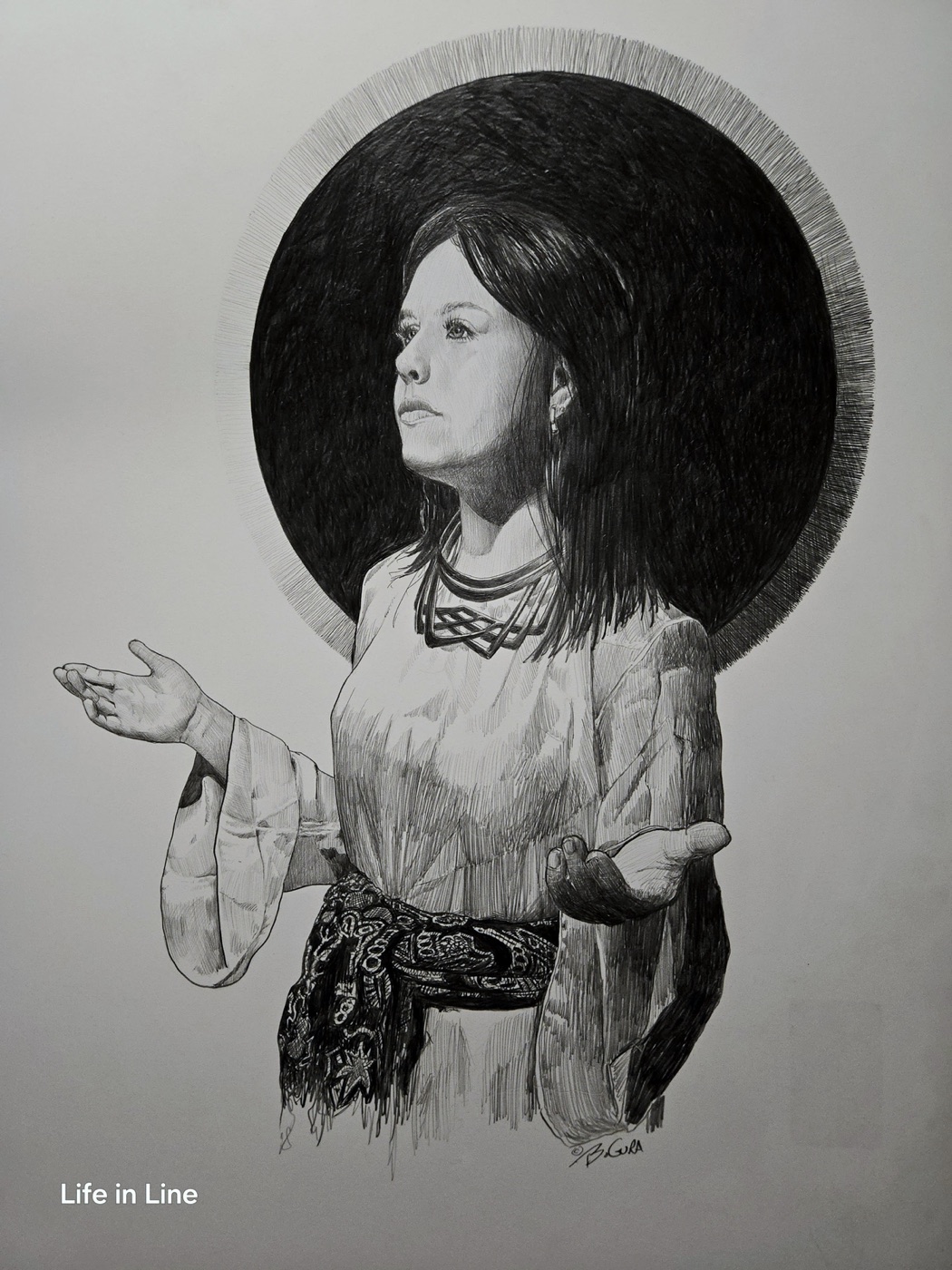 Pen-and-ink drawing of a woman with outstretched hands