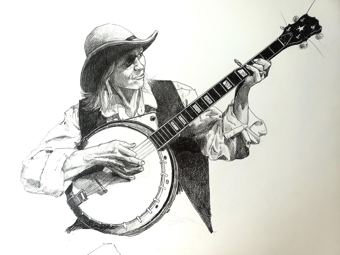 Pen-and-ink drawing of a banjo player