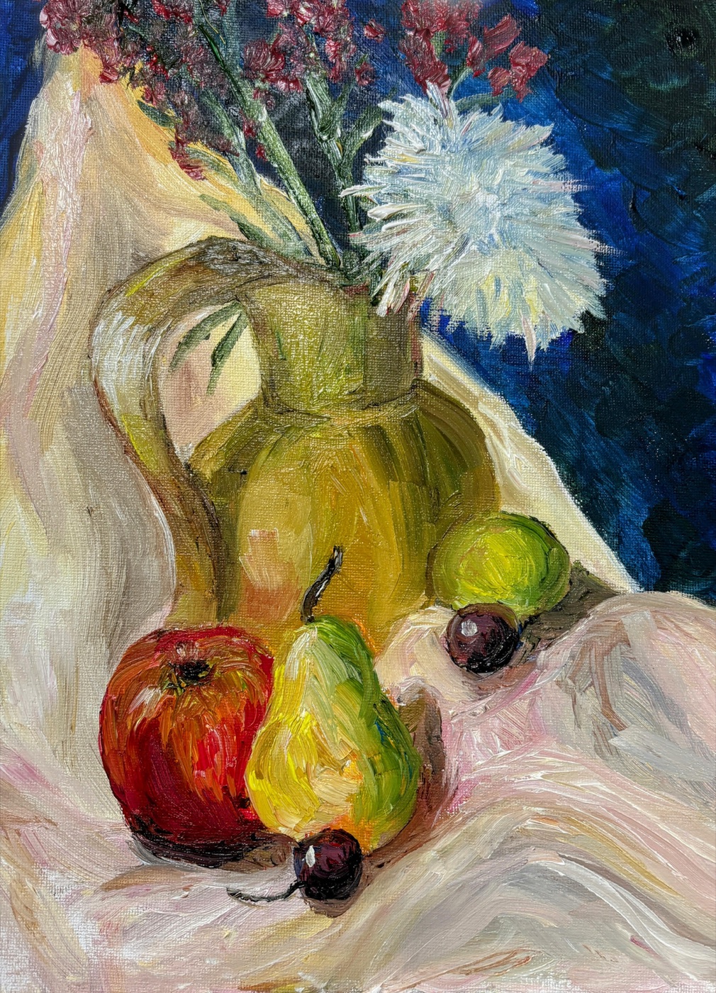 Pastel still life painting of fruit and flowers in a pitcher