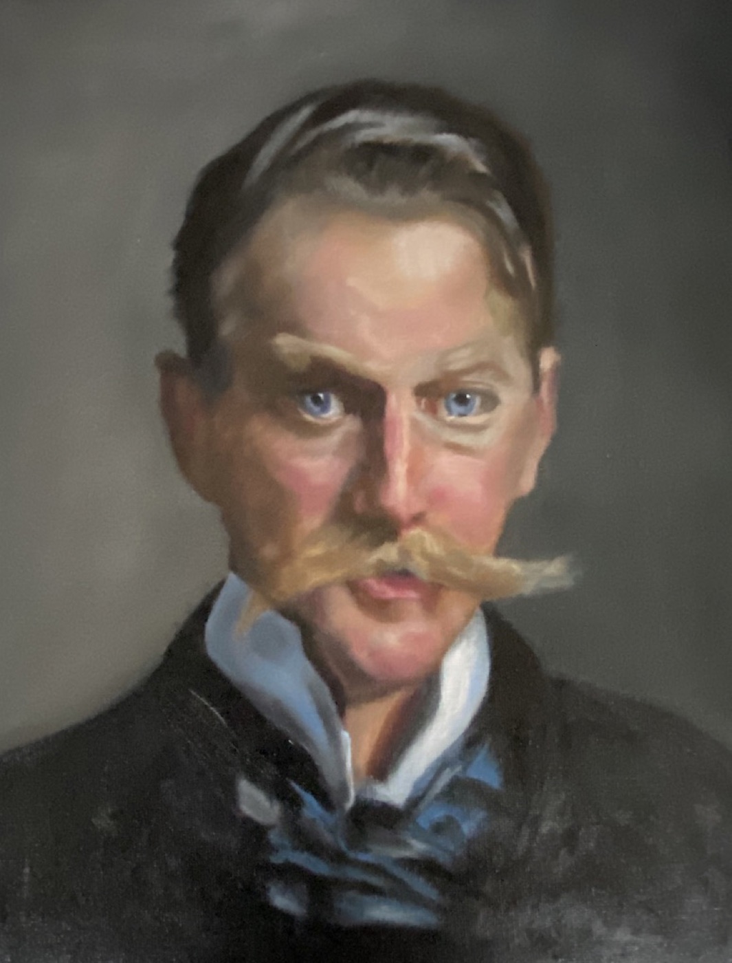 Oil portrait of a mustached man in a high collar