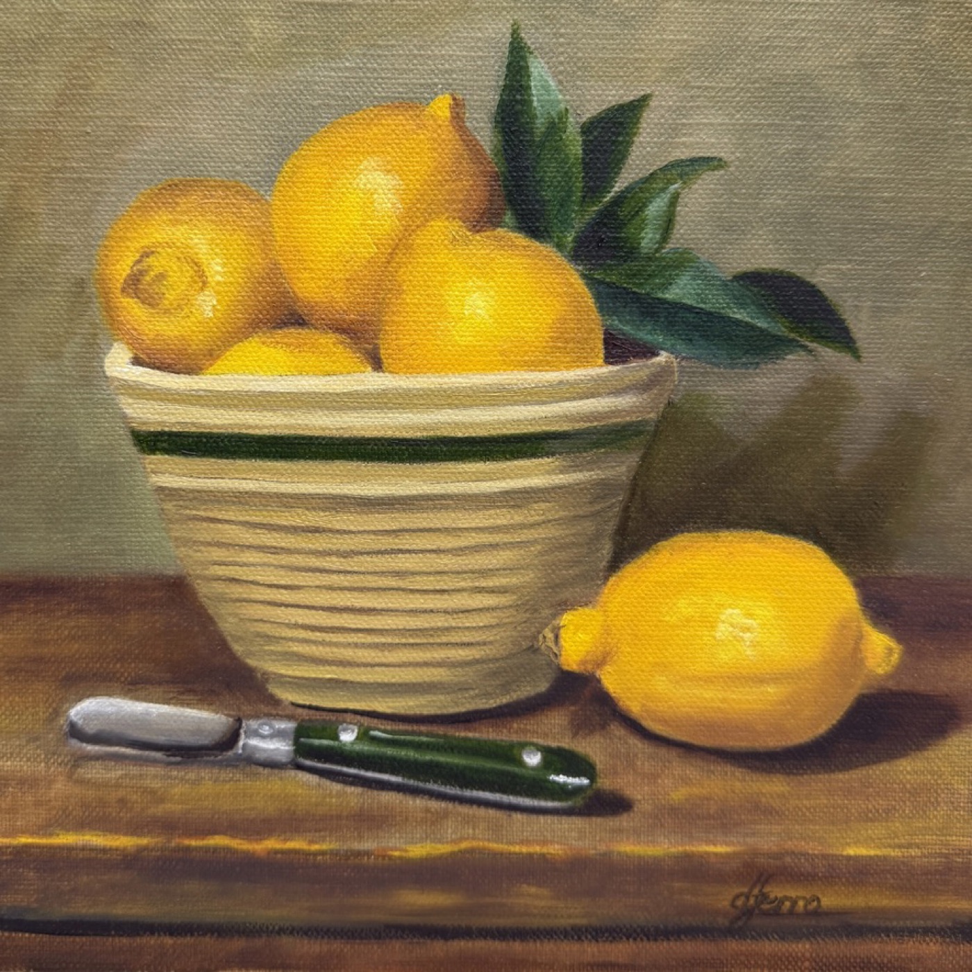 Oil still life painting of lemons in a bowl