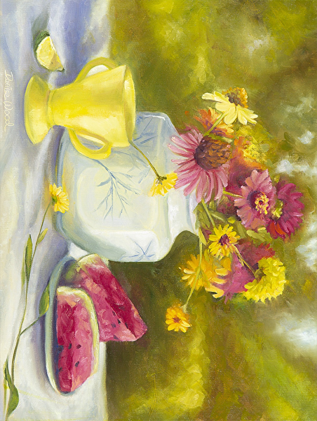 Oil still life painting of watermelon and wildflowers
