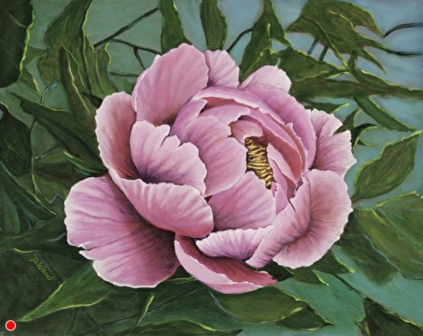 Oil painting of a pink peony