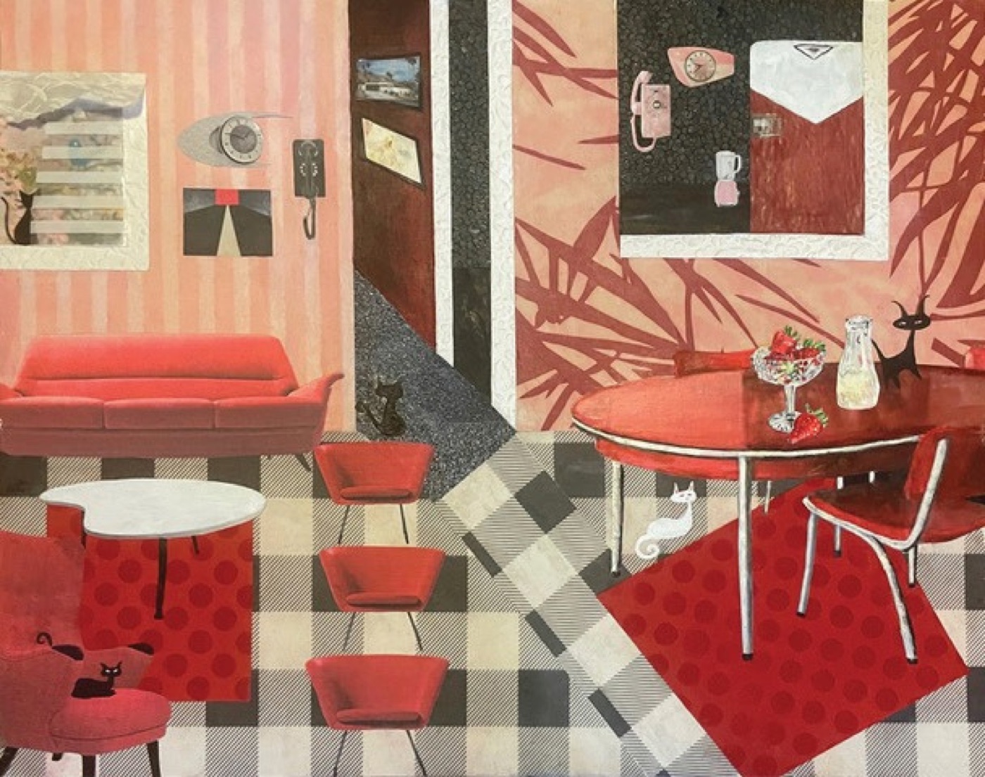 Mixed-media painting of a retro living room with cats