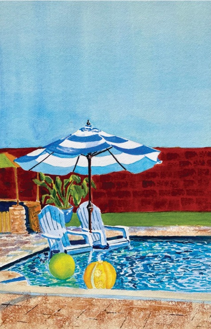 Watercolor painting of a poolside scene