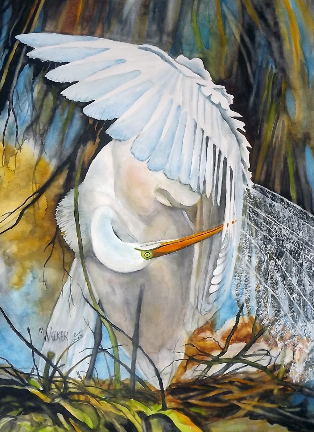 Watercolor painting of an egret, signed M. Walker