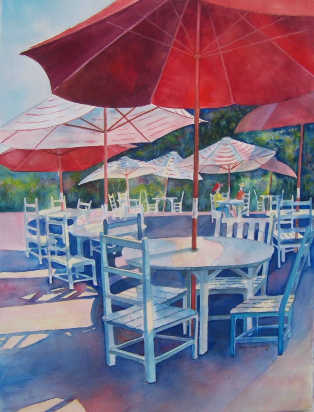 Watercolor painting of red cafe umbrellas and chairs