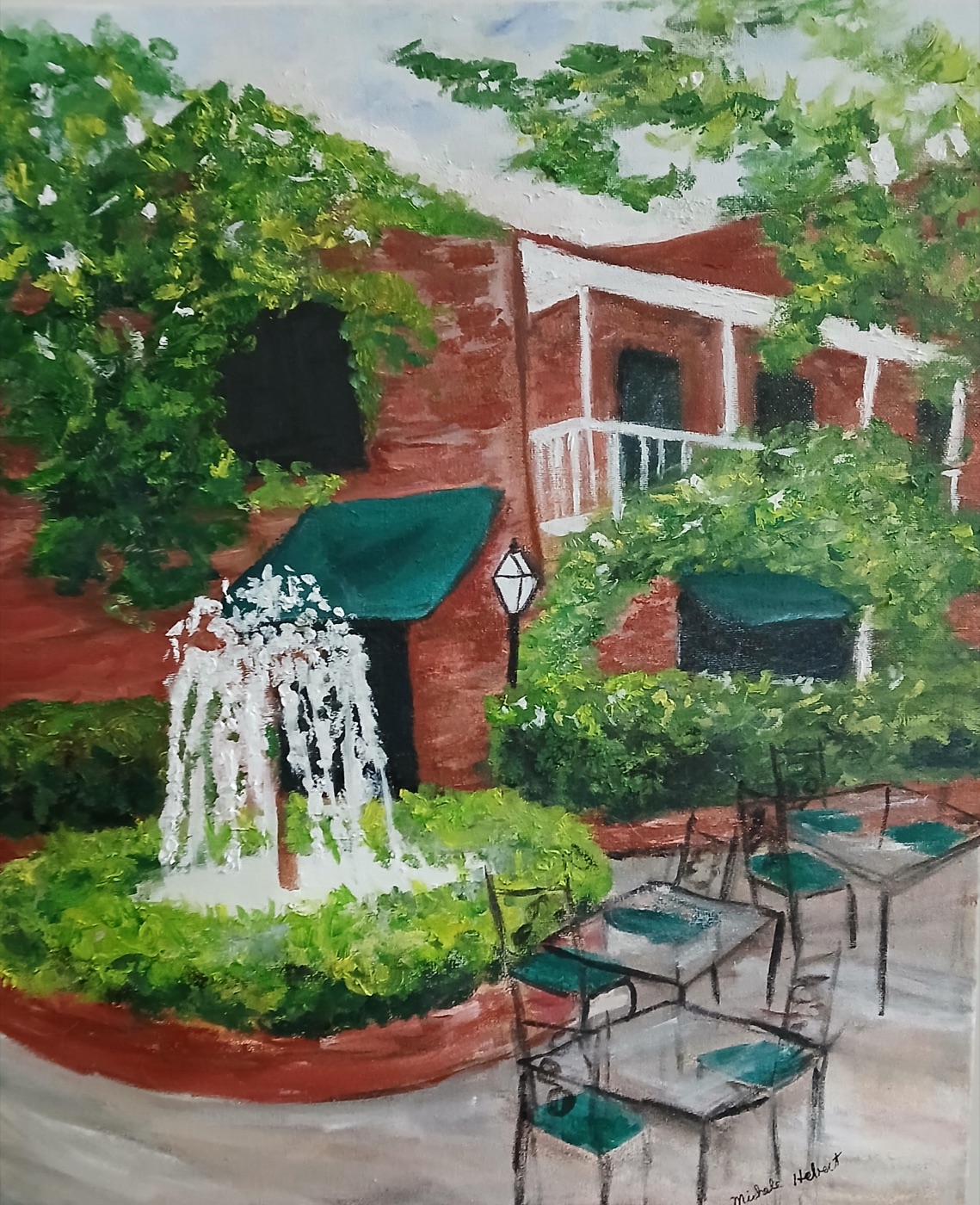 Watercolor painting of a courtyard fountain and cafe tables