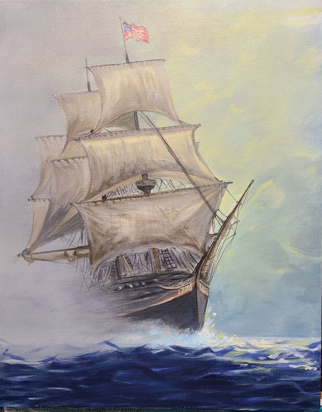 Acrylic painting of a tall sailing ship at sea