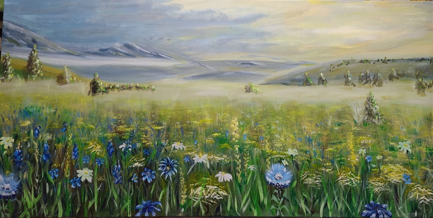 Acrylic painting of a wildflower meadow with mountains