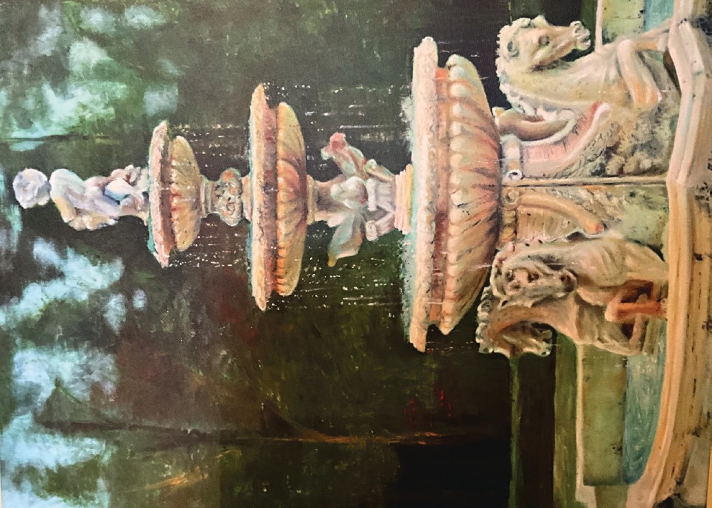Oil painting of a garden fountain statue