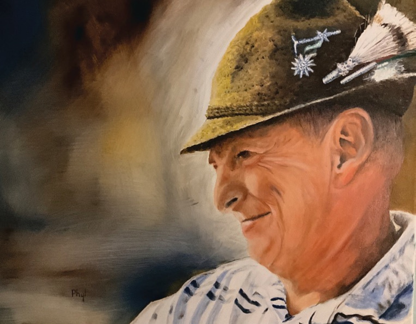 Oil portrait of a man in a Bavarian hat